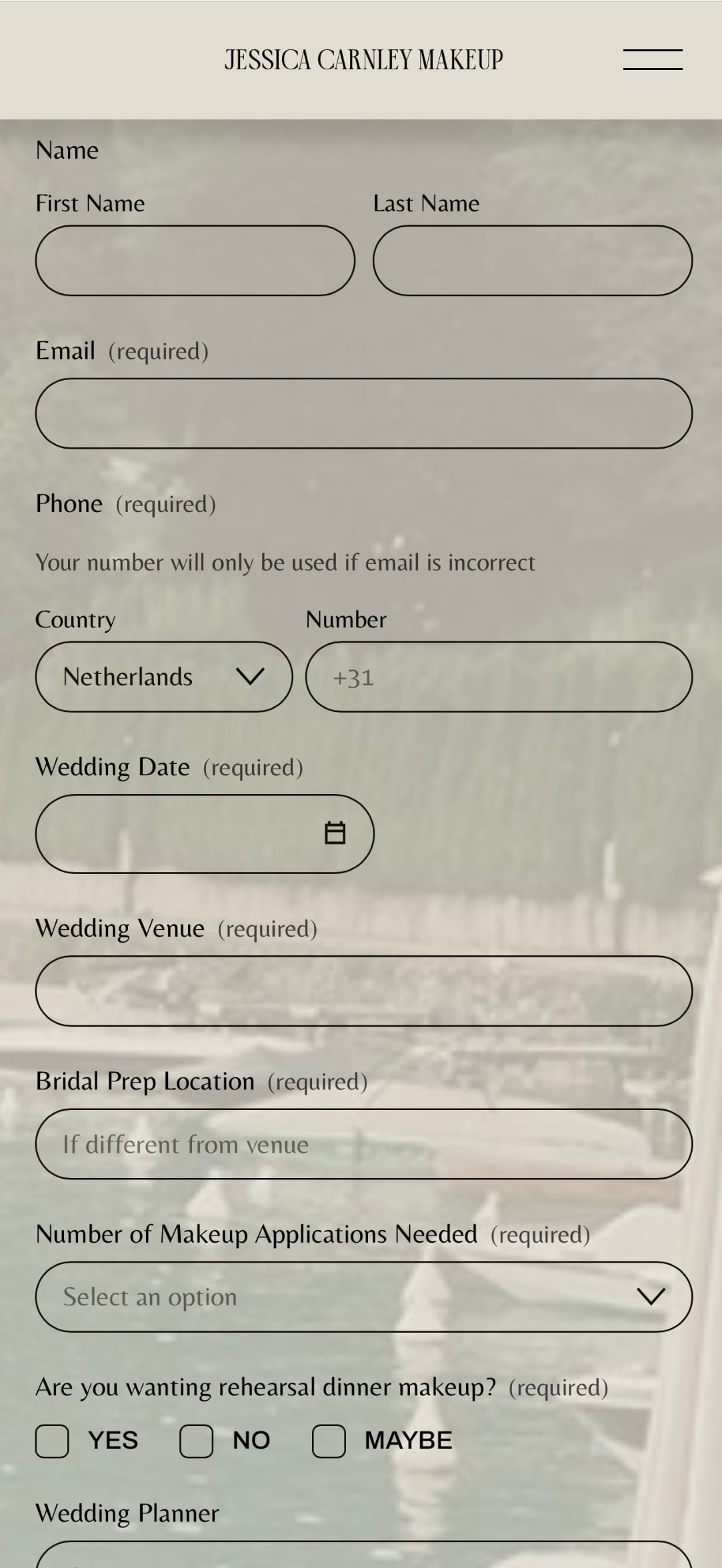 Jessica Carnley Makeup's branded enquiry form on a phone