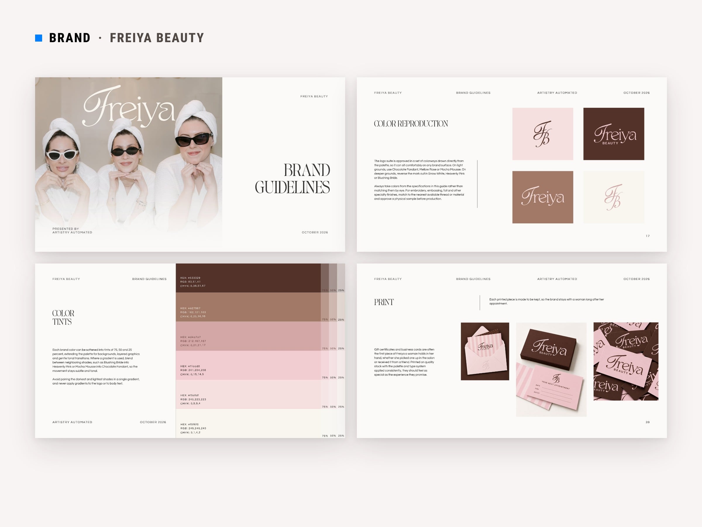 A brand guide spread and logo suite designed by Artistry Automated
